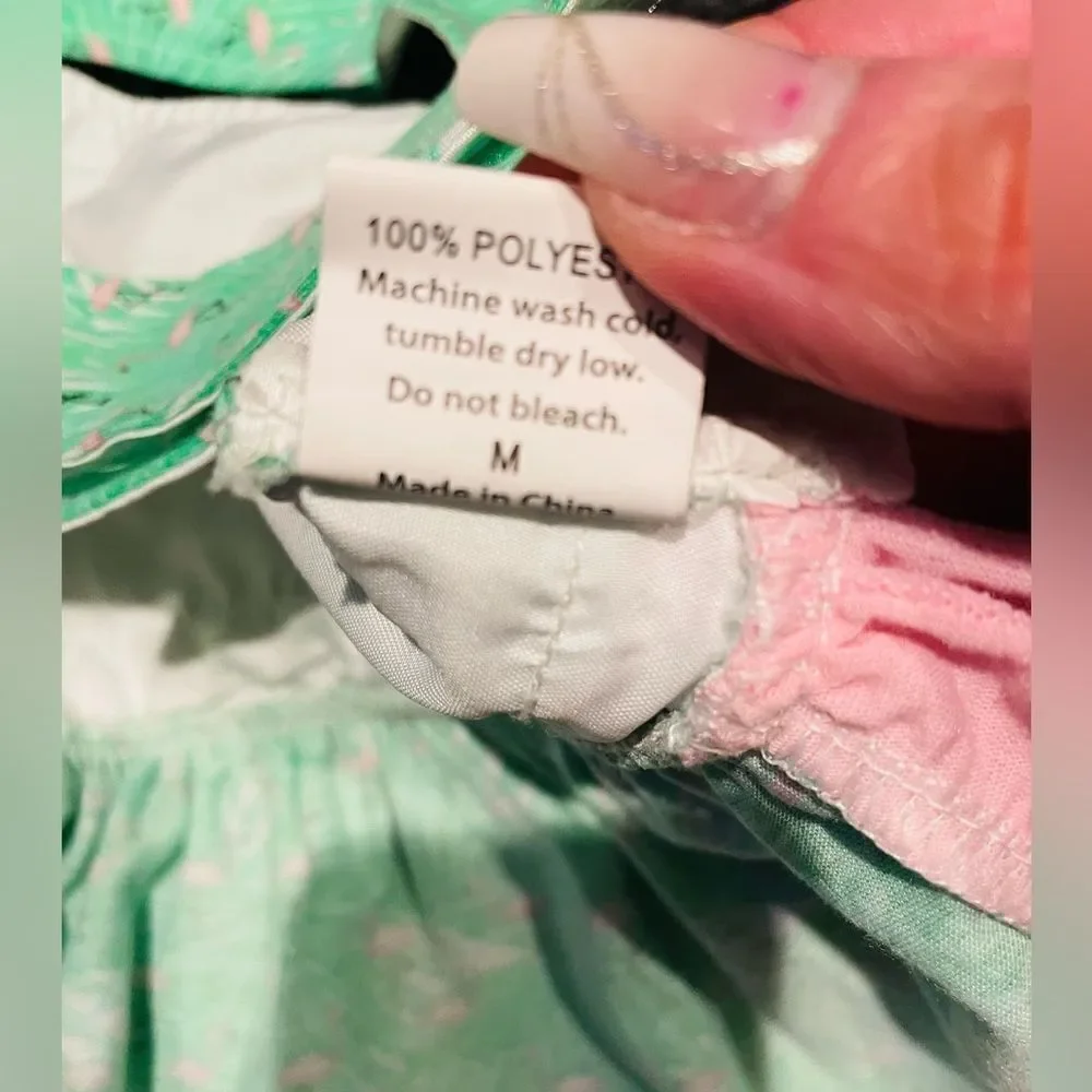 GREEN&PINK FLAMINGO RUFFLE AND BOW ADORABLE AND GIRLY DOG DRESS SIZE MED…